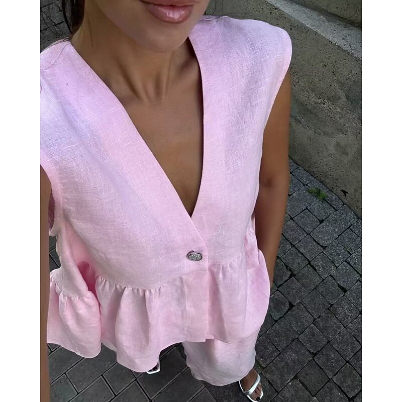 Women's Active Fashion Cotton Linen Shirts Blouse Pants Sets Sleeveless V Neck Solid Color Dubbele Rij Knopen Vacation Casual Daily Black Pink Light Blue Summer Regular Fit4