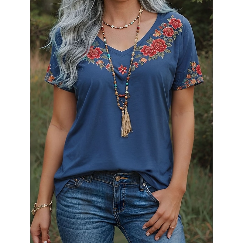 Women's T Shirt Floral Graphic Vintage Stylish Modern Short Sleeve V Neck Regular Tops Daily Print Blue Purple Green Summer