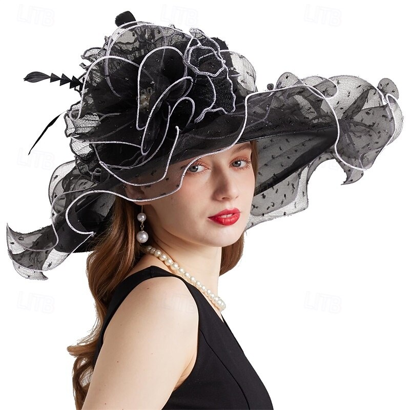Women Elegant Organza Derby Hat Wide Brim Sun Hats for Wedding Tea Party Fascinator Hat3