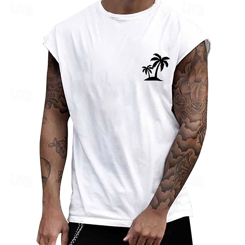 Men's Tank Top Vest Top Undershirt Sleeveless Shirt Sleeveless Crew Neck Summer Coconut Tree Fashion Designer Basic Print Vacation Street Going out Black White Light Blue Top Tee for Men2