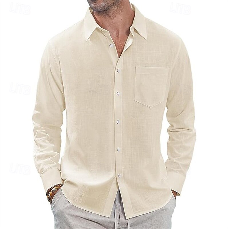 Men's Shirt Linen Shirt Casual Shirt Button Up Shirt Cotton Shirt Plain Vacation Hawaiian White Navy Blue Sky Blue Khaki Long Sleeve Lapel Spring Fall Clothing Apparel Pocket4