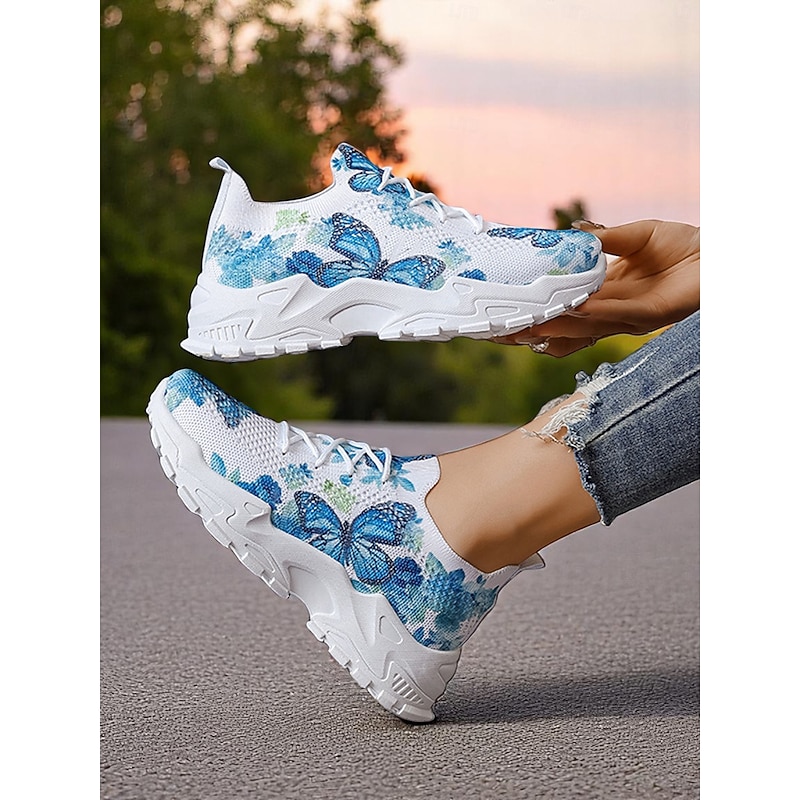 Women's Flyknit Sneakers with Blue Butterfly Print – Fashionable Lightweight Trainers for Walking, Casual Outings and Travel3