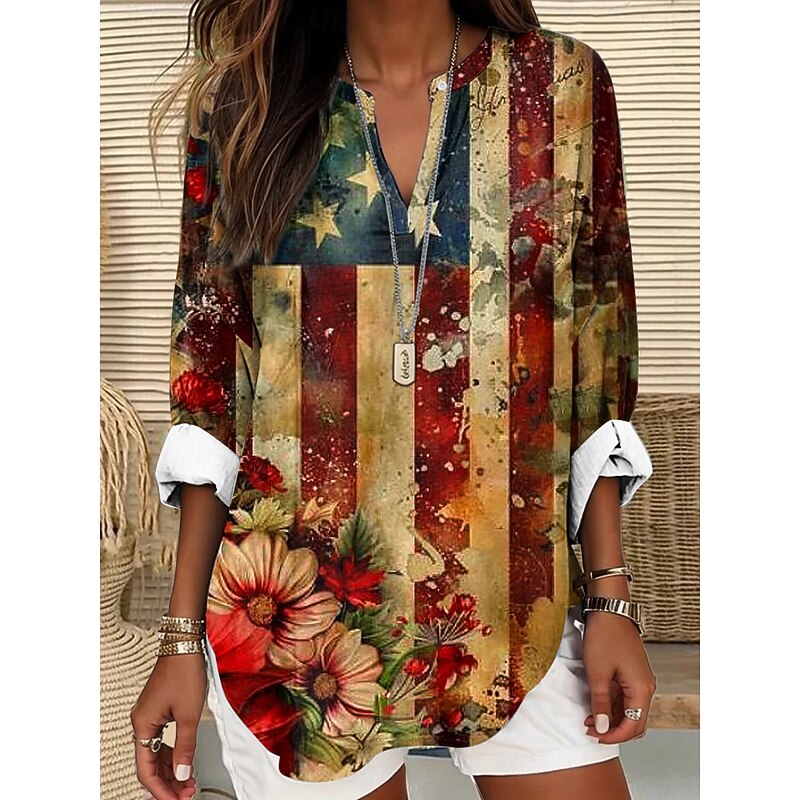 Women's Blouse Tunic V Neck Long Sleeve Boho Casual Patriotic Graphic Flag Vintage Tropical Regular Tops Daily Wear Print3