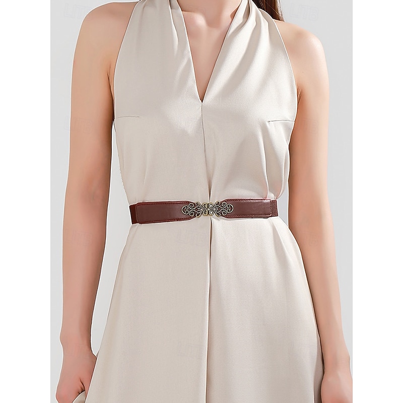 Women's Vintage Elastic Waist Belt with Bronze Scroll Buckle – Faux Leather Cinch Belt for Dresses and Blouses, Elegant Style for Daily Wear and Formal Occasions