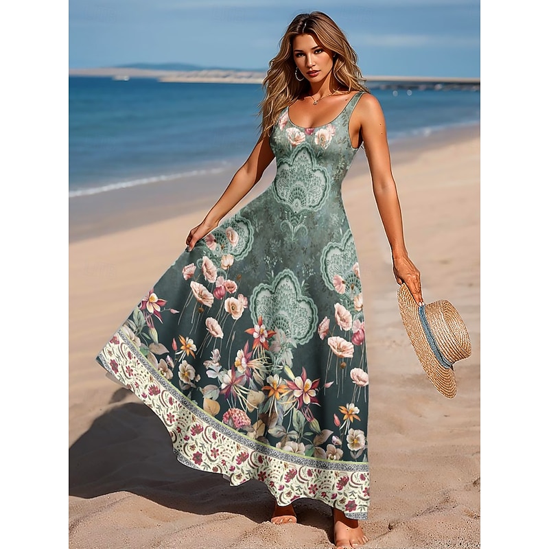 Women's Maxi Dress A Line Dress Off The Shoulder Dress Bohemia Vacation Beach Party Regular Fit Floral Graphic Paisley Sleeveless Square Neck Scoop Neck Sage Green Summer Spring