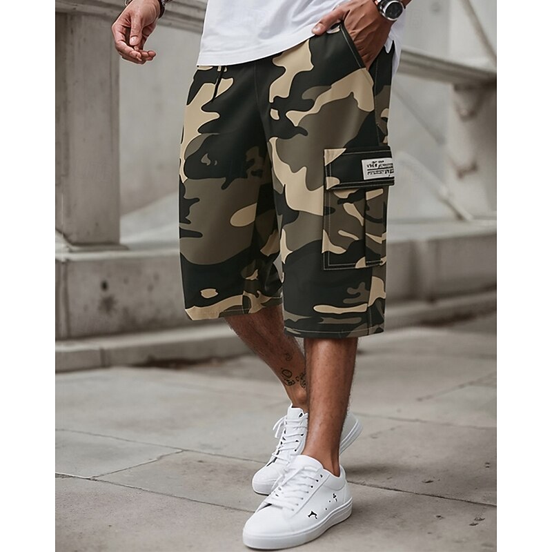 Men's Cargo Shorts Capri Pants Camo Shorts Summer Shorts Drawstring Elastic Waist Multi Pocket Camouflage Comfort Wearable Calf-Length Outdoor Sport Daily Fashion Casual Khaki Army Green