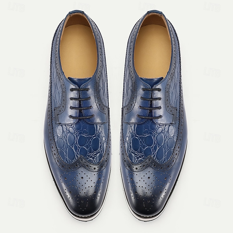 Men's Premium Blue Crocodile Leather Wingtip Lace-Up Shoes with Elegant Detailing for Formal Dinners, Galas and Special Occasions4