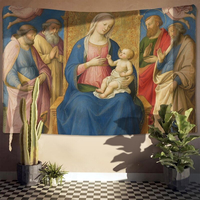Medieval Tapestry Middle Age Tapestry Religious Art Large Mural Decor Photograph Backdrop Home Bedroom Living Room Decoration Madonna and Child with Saints4