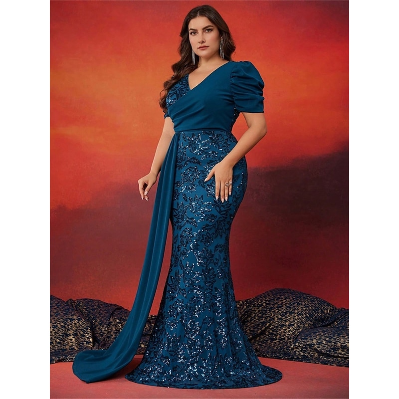 Mermaid / Trumpet Plus Size Dresses Elegant Curve Dress Formal Wedding Floor Length Short Sleeve V Neck Sequined with Sequin4