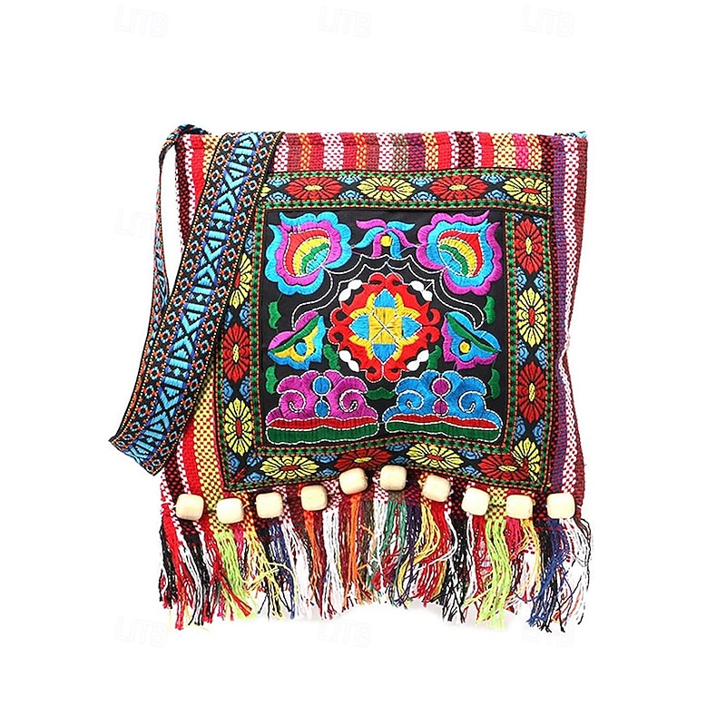Women's Colorful Boho Embroidered Fringe Crossbody Bag – Ethnic Tribal Canvas Shoulder Purse with Tassels and Wooden Beads for Festivals, Travel and Casual Outings