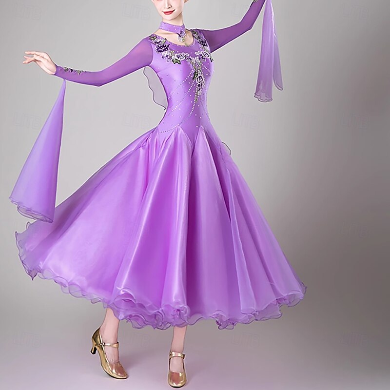 Ballroom Dance Dress Embroidery Splicing Crystals / Rhinestones Women's Performance Party Long Sleeve Spandex Organza4
