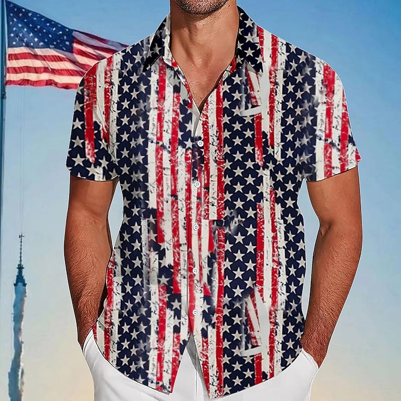 Independence Day Men's Striped American US Flag Patriotic Shirt Summer Shirt Button Up Shirt Short Sleeve Fashion Casual Outdoor Holiday Summer Spring Turndown 3D Print Collared Shirts Red Dark Blue2