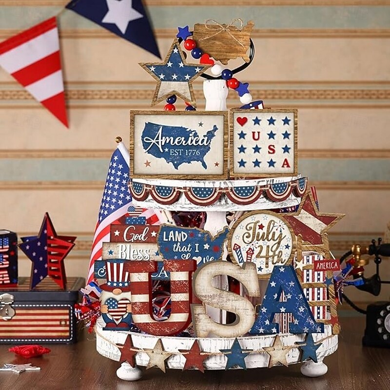 Patriotic Tiered Tray Decor Set for 4th of July and Memorial Day, Rustic Wooden Red White Blue Signs, Vintage Farmhouse Independence Day Table Decorations, Glow Americana Party Decor