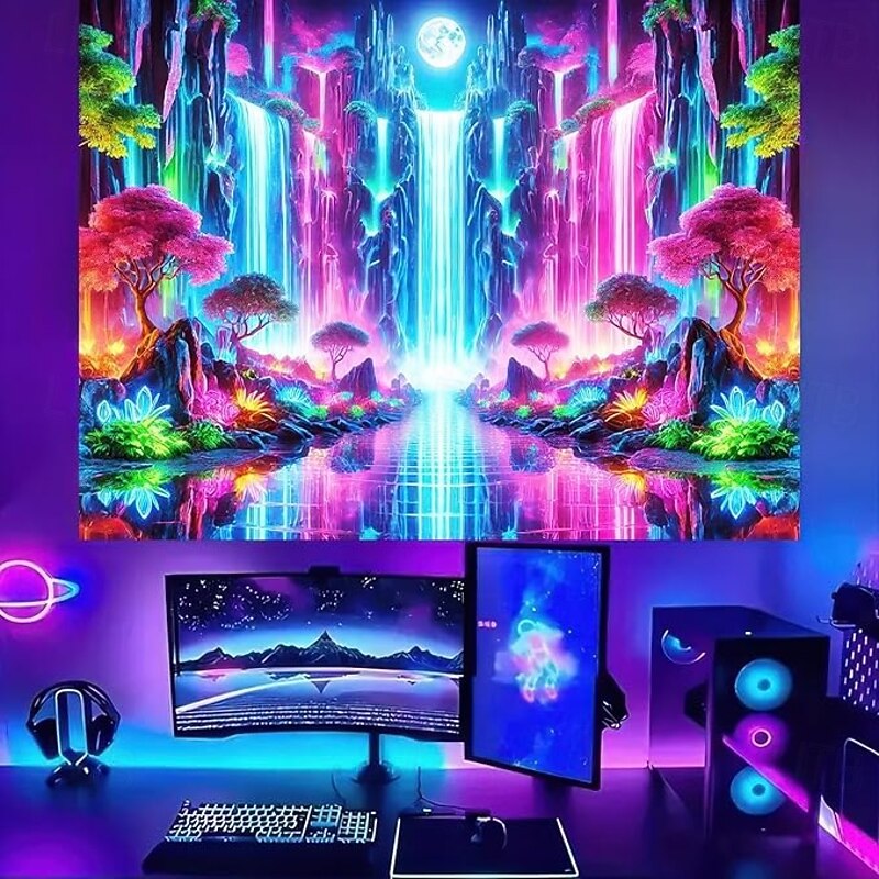Blacklight Tapestry Glow in the Dark Glow Party UV Reactive Fantasy Waterfall Trippy Misty Nature Landscape Hanging Tapestry Wall Art Mural for Living Room Bedroom2