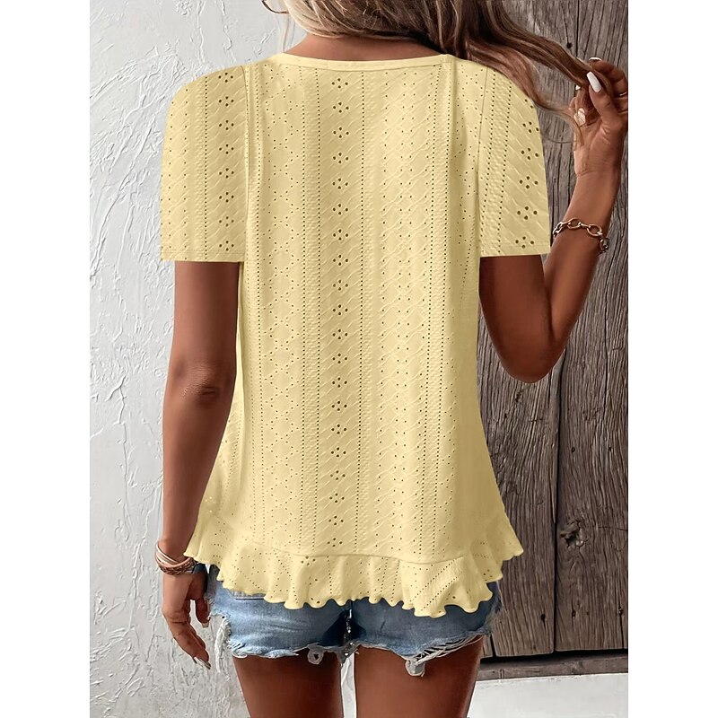 Women's T Shirt Solid Color Plain Basic Casual Short Sleeve Crew Neck Regular Tops Daily Weekend Ruffle Eyelet White Yellow Pink Green Summer2