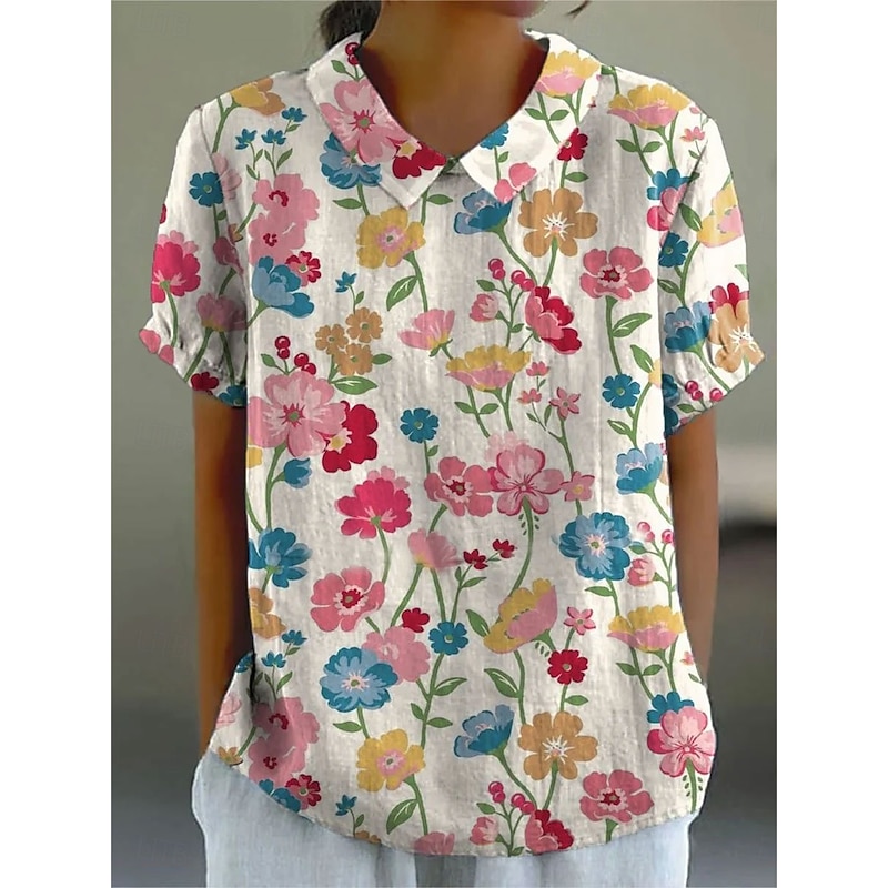 Women's Blouse Floral Graphic Vintage Stylish Casual Short Sleeve Shirt Collar Regular Tops Work Daily Print White Green Beige Summer Spring2