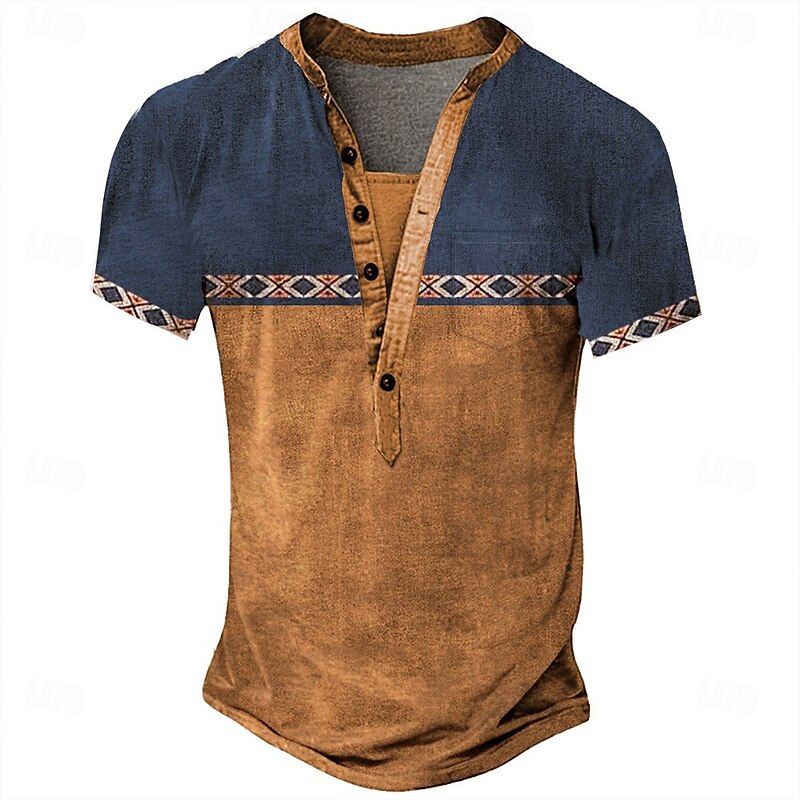 Men's Tribal Ethnic T Shirt Henley Shirt Tee Short Sleeve Designer Basic Ethnic Outdoor Casual Daily Summer Dark Brown Black Light Green Navy Blue Henley Henley T-Shirt4
