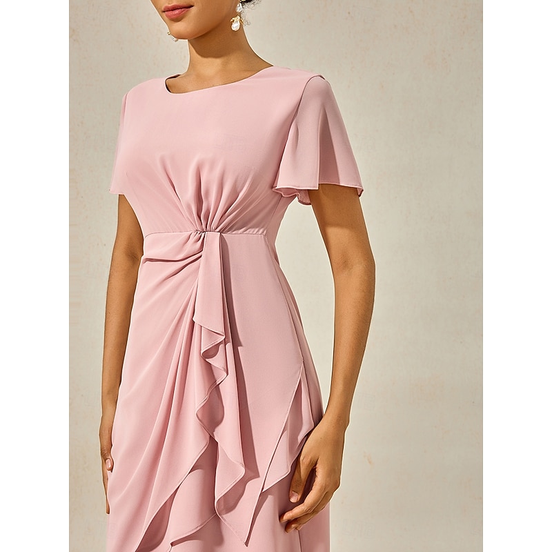 Women's Wedding Guest Cocktail Dress Chiffon Twisted Knot Elegant Formal Layered Midi Dress Crew Neck Short Sleeve Butterfly Sleeve Dark Blue Color4