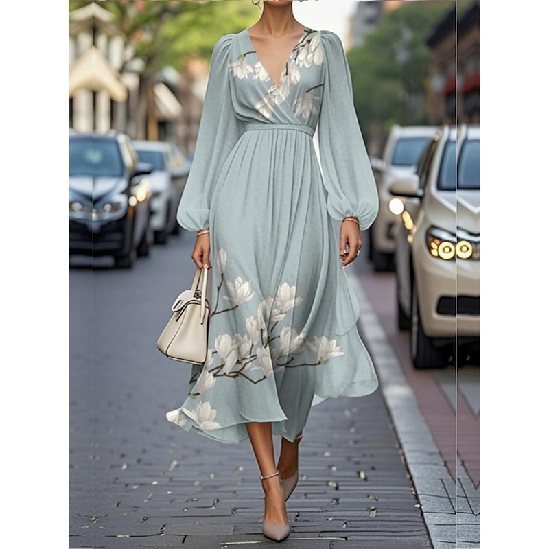 Women's Maxi Dress A Line Dress Casual Outdoor Going out Regular Fit Floral Graphic Long Sleeve V Neck Blue Dark Green Fuchsia Green Summer