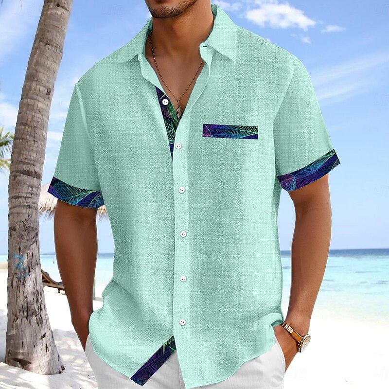 Men's Shirt Linen Shirt Summer Shirt Beach Wear Button Up Shirt Solid Color Vacation Curise Black White Green Light Blue Short Sleeve Collar Summer Spring & Summer Clothing Apparel Color Block