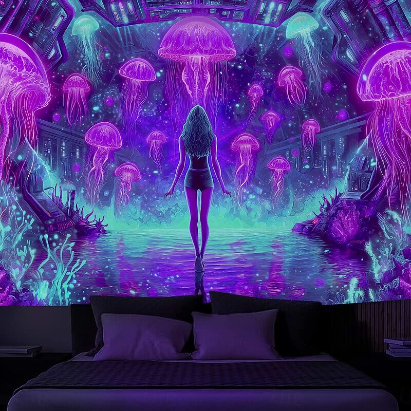 Blacklight Tapestry Glow in the Dark Glow Party UV Reactive Trippy Mountain Misty Mushroom Nature Landscape Hanging Tapestry Wall Art Mural for Living Room Bedroom4