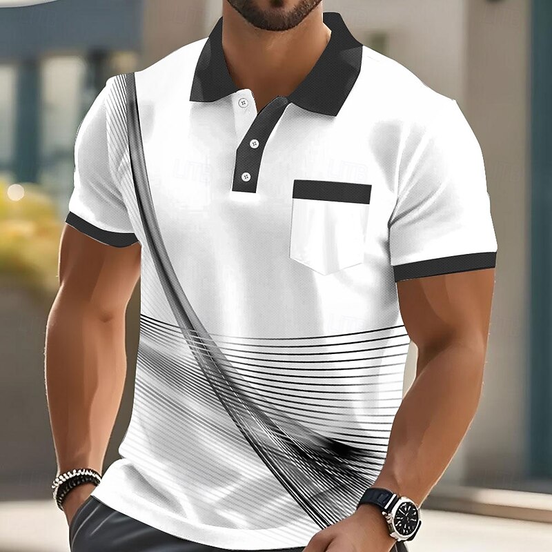 Men's Geometic Line Polo Short Sleeve Turndown Business Business Athleisure Casual Daily Pocket Buttons Summer Robin's Egg Blue Green Red4