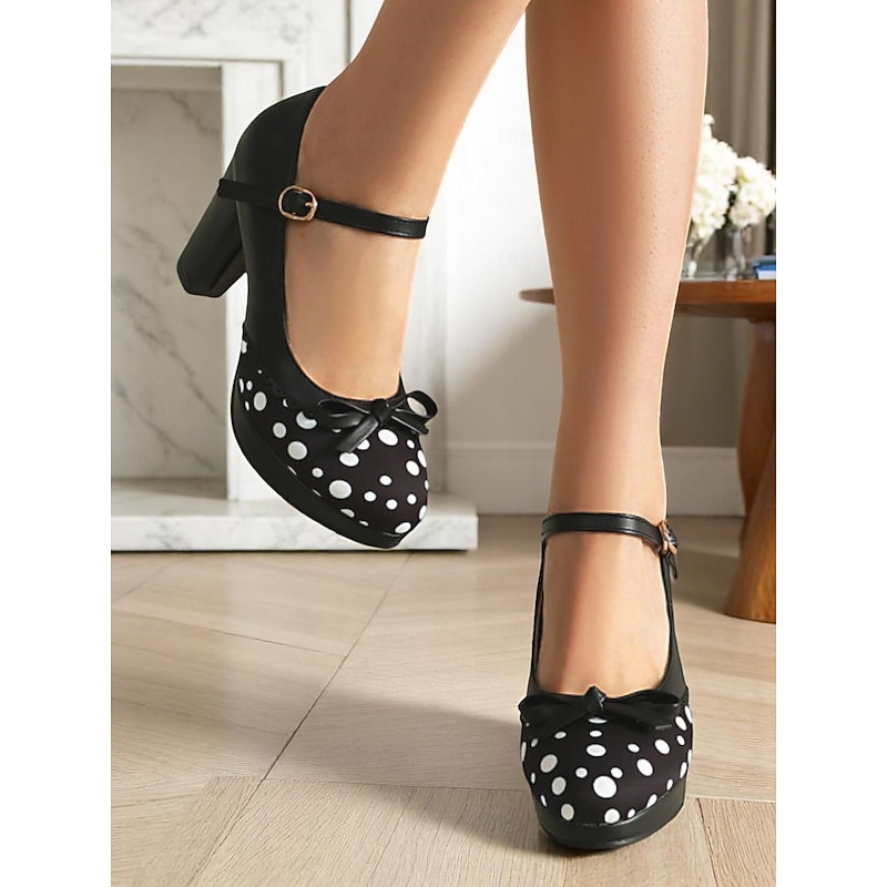 Women's Blue Polka Dot Block Heel Mary Janes – 1950s Vintage Style with Bows, Ideal for Tea Parties, Dates & Lolita Fashion3