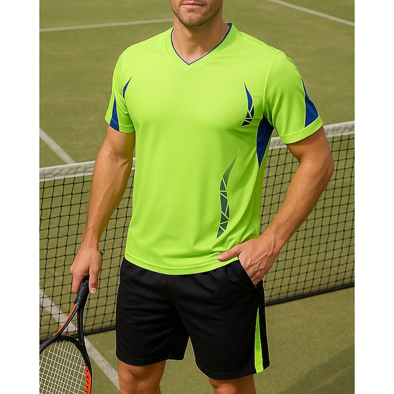 Men's Geometric Sports Set Tennis Set Two-piece Suit Short Sleeves Printing Sweat-Wicking Moisture Wicking Breathable Tennis Golf Pickleball V Neck Blue Green Tennis Clothing