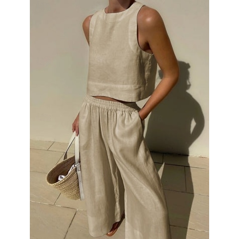 Women's Active Basic Cotton Linen Sets Sleeveless Crew Neck Solid Color Casual Daily Black White Navy Blue Summer Regular Fit