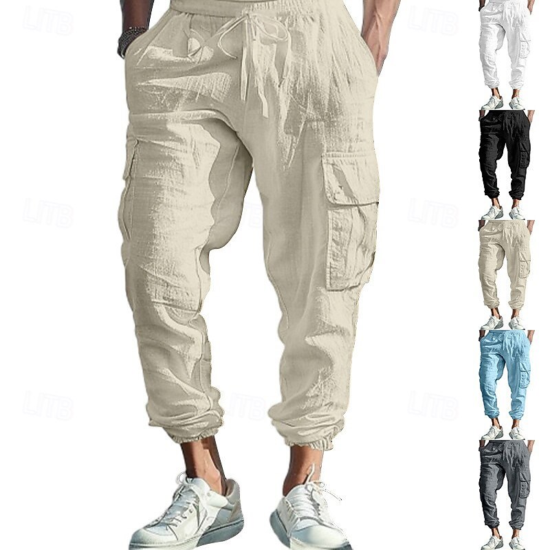 Men's Linen Pants Cargo Joggers Trousers Summer Pants Drawstring Elastic Waist Multi Pocket Plain Comfort Breathable Full Length Outdoor Casual Daily Fashion Classic Style Black White