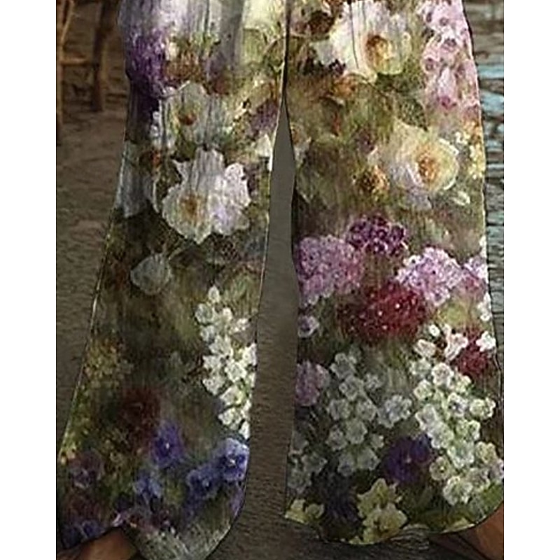 Women's Normal Cotton Linen Pants Stylish Floral Sleeveless Wide Leg U Neck Buttons Pocket Street Daily Regular Fit Green Summer3