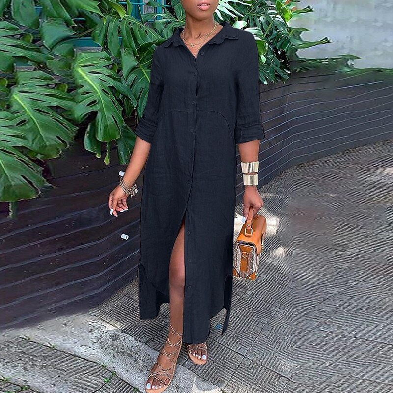Women's Midi Dress Shirt Dress Cotton Linen Dress Classic Modern Outdoor Going out Weekend Regular Fit Plain Long Sleeve Shirt Collar White Navy Blue Brown Gray Summer3