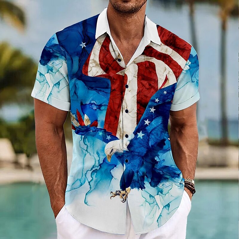 Independence Day Men's American US Flag Patriotic Fourth of July Shirt Summer Shirt Button Up Shirt Short Sleeve Fashion Casual Holiday Summer Spring Turndown 3D Print Collared Shirts Black Blue2