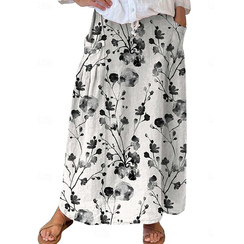 Women's Skirt A Line Bohemia Vintage Casual Maxi High Waist Skirts Floral Pocket Print Micro-elastic Street Daily White Blue Green Gray Summer Polyester Cotton Blend2