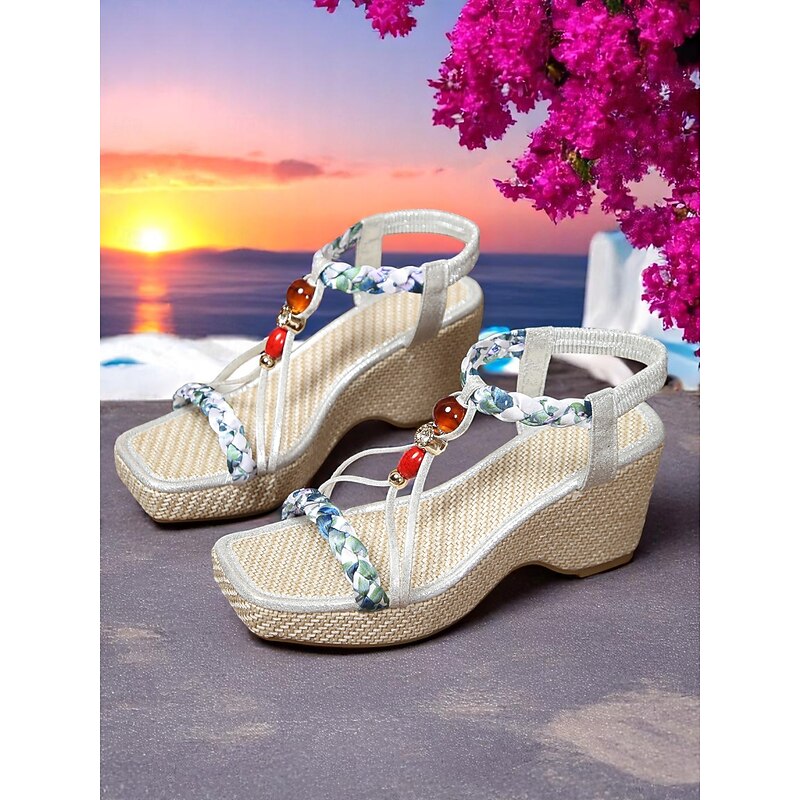 Women's Beaded Strap Wedge Sandals – Boho Summer Shoes with Gem Accents for Resort Wear and Seaside Vacations4