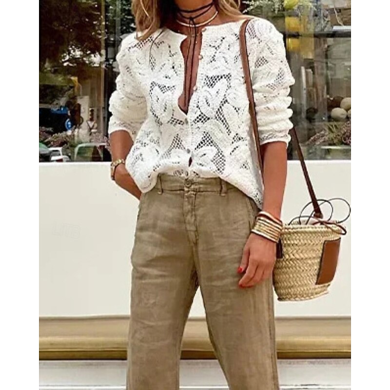 Women's Shirt Blouse Plain Casual Long Sleeve Crew Neck Regular Tops Daily Going out Lace White Summer2