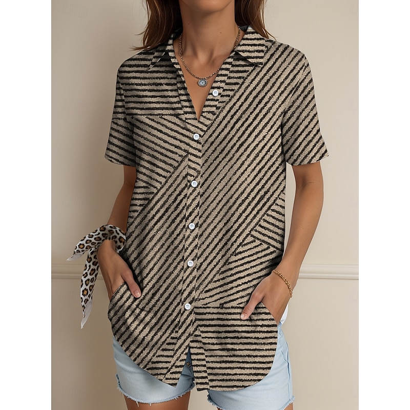 Women's Shirt Long Sleeve Button Down Blouse Graphic Geometric Striped Vintage Tropical Stylish Short Sleeve Shirt Collar Regular Tops Daily Yellow Pink Blue Purple Green Summer Spring