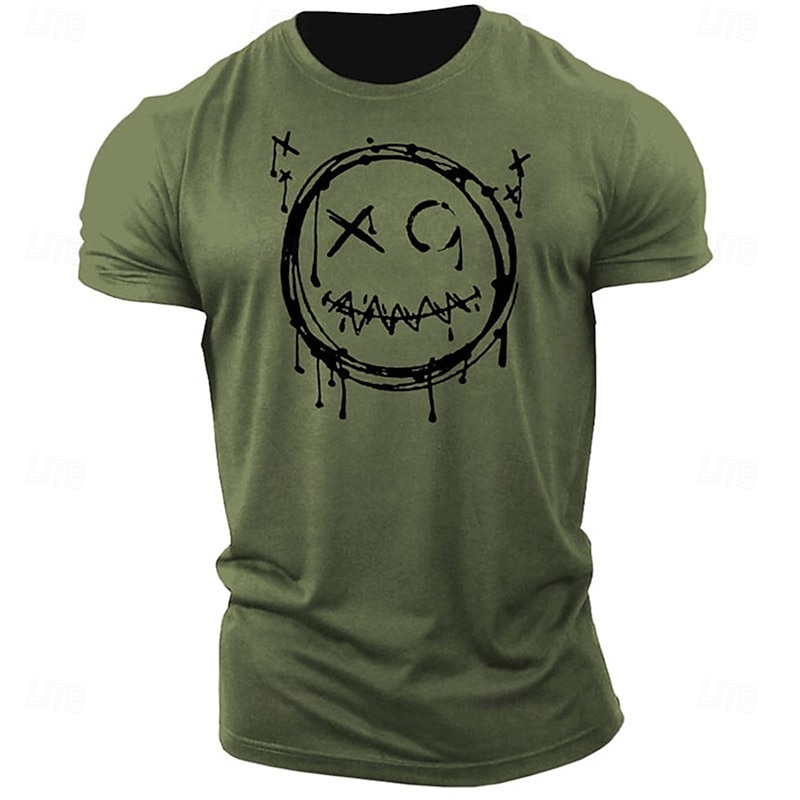 Men's Short Sleeve Black Graphic T-Shirt with Distressed Graffiti Smiley Face Print