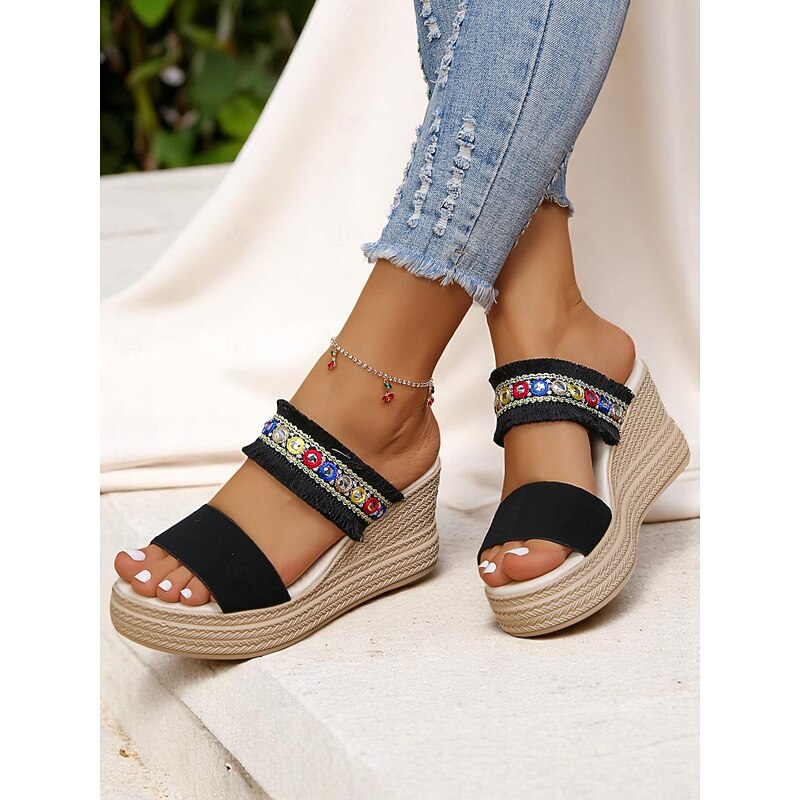 Women's White Platform Slide Sandals with Colorful Beaded Fringe Straps, Boho Chic Wedge Shoes for Casual Summer Outings and Beach Vacations3