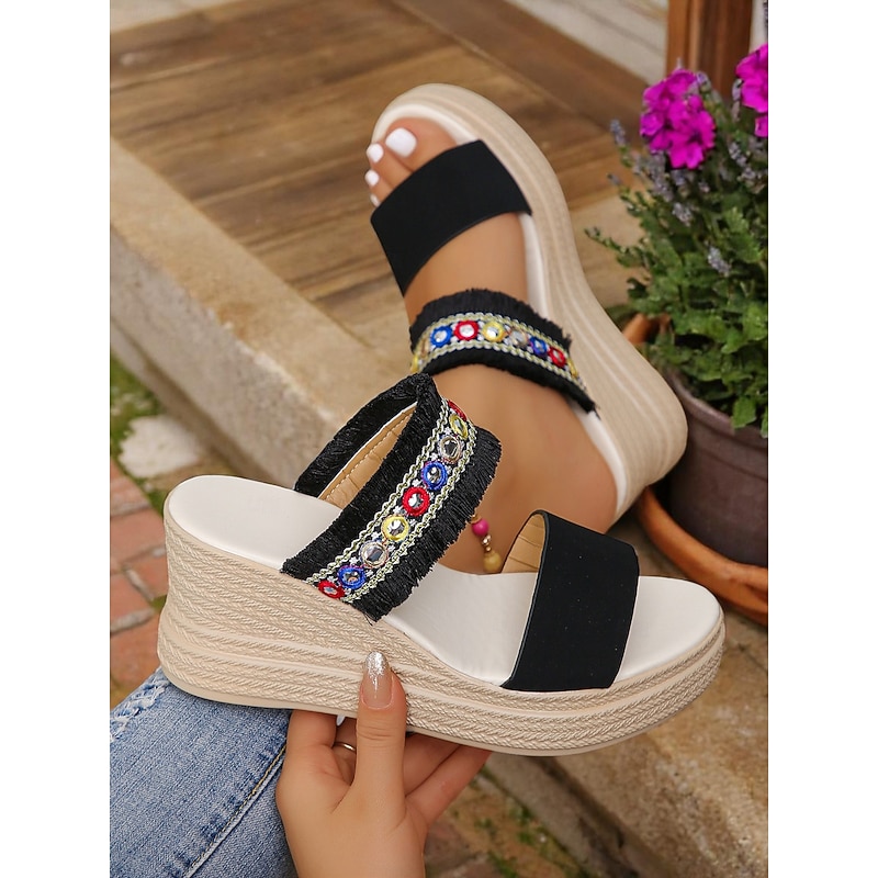 Women's White Platform Slide Sandals with Colorful Beaded Fringe Straps, Boho Chic Wedge Shoes for Casual Summer Outings and Beach Vacations2