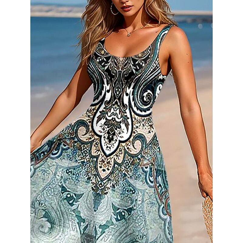 Women's Maxi Dress A Line Dress Off The Shoulder Dress Vacation Casual Beach Party Beach Regular Fit Graphic Paisley Bohemian Sleeveless Square Neck Scoop Neck Sage Green Summer Spring2