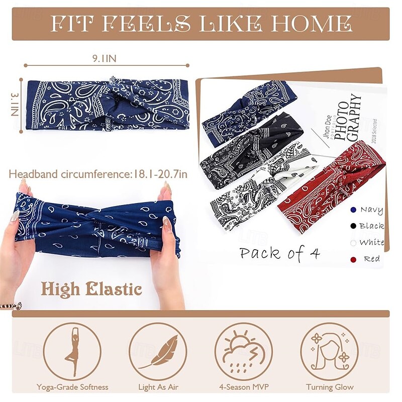 4PCS Boho Bandanas Headband Knotted Hair Bands Paisley Head Turban Sport Yoga for Women3