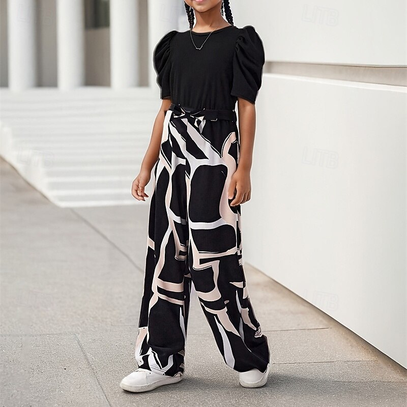 2 Pieces Kids Girls' Solid Color Puff Sleeve T-shirt & Pants Set Short Sleeve Fashion Outdoor 4 years+ Summer Black Red Green4