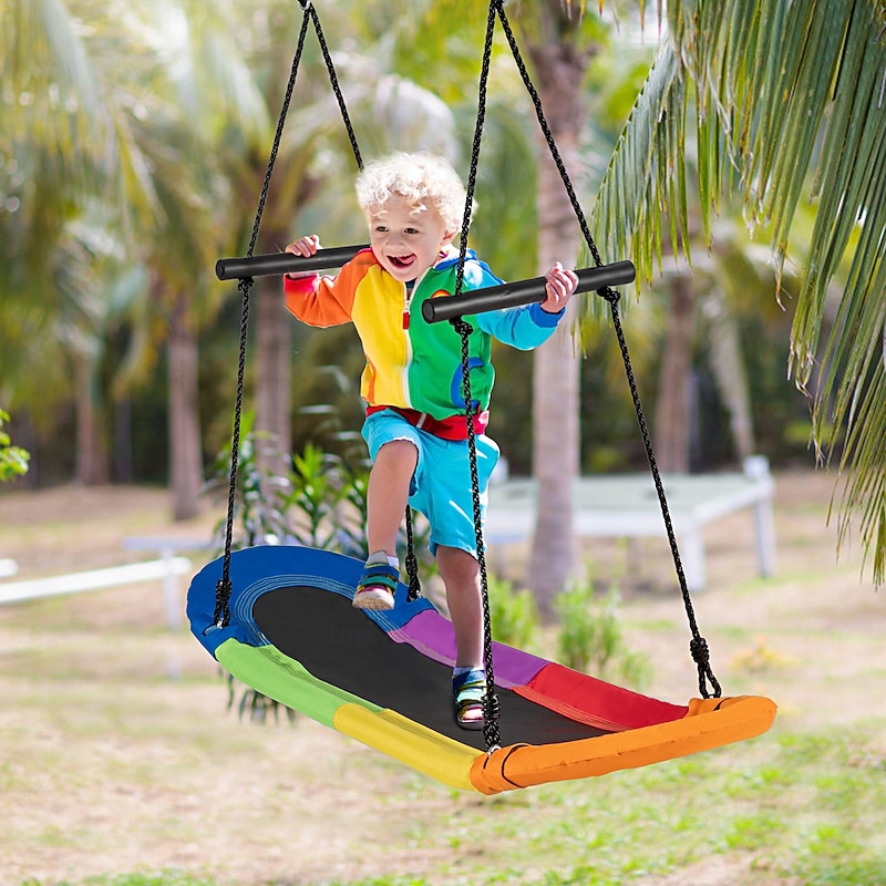 Surfing Tree Swing, Outdoor Platform Swing with Soft Handles and Adjustable Height, Saucer Tree Swing with Stable Metal Frame and Spacious Swingboard