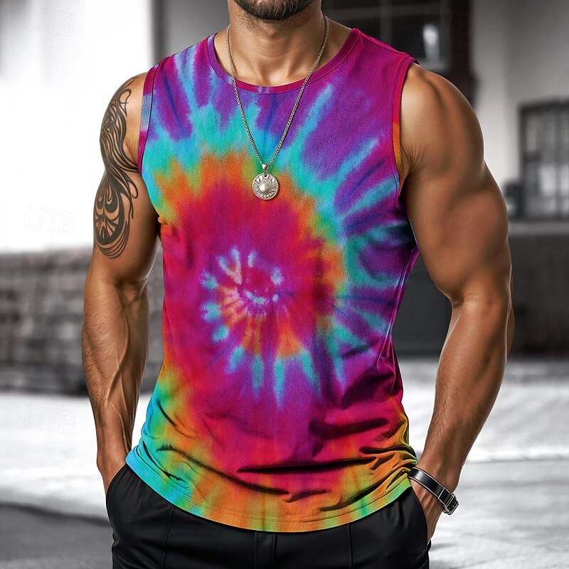 Men's Vest Top Undershirt Sleeveless Shirt Sleeveless Crewneck Spring & Summer Tie Dye Fashion Designer Vacation Street Going out Black+ Army Green Yellow+Red+Blue Blue Top Tee for Men2