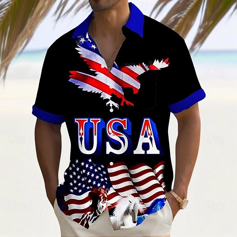Independence Day Men's American US Flag Eagle Patriotic Shirt Summer Shirt Button Up Shirt Short Sleeve Fashion Casual Holiday Summer Spring Turndown 3D Print Collared Shirts Front One Pocket Black3