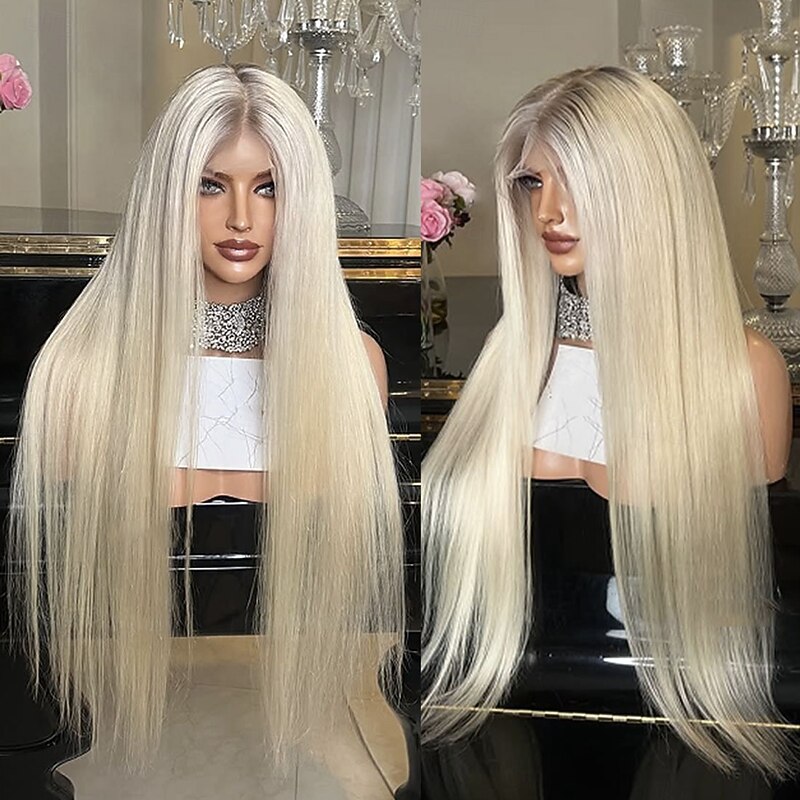 Brazilian Hair Ombre Remy Human Hair Ash Blonde  5x5 Closure Wigs Straight 13x4 Lace Front Wig with Baby Hair 100% Virgin Hair Glueless Wigs Pre-Plucked For Women