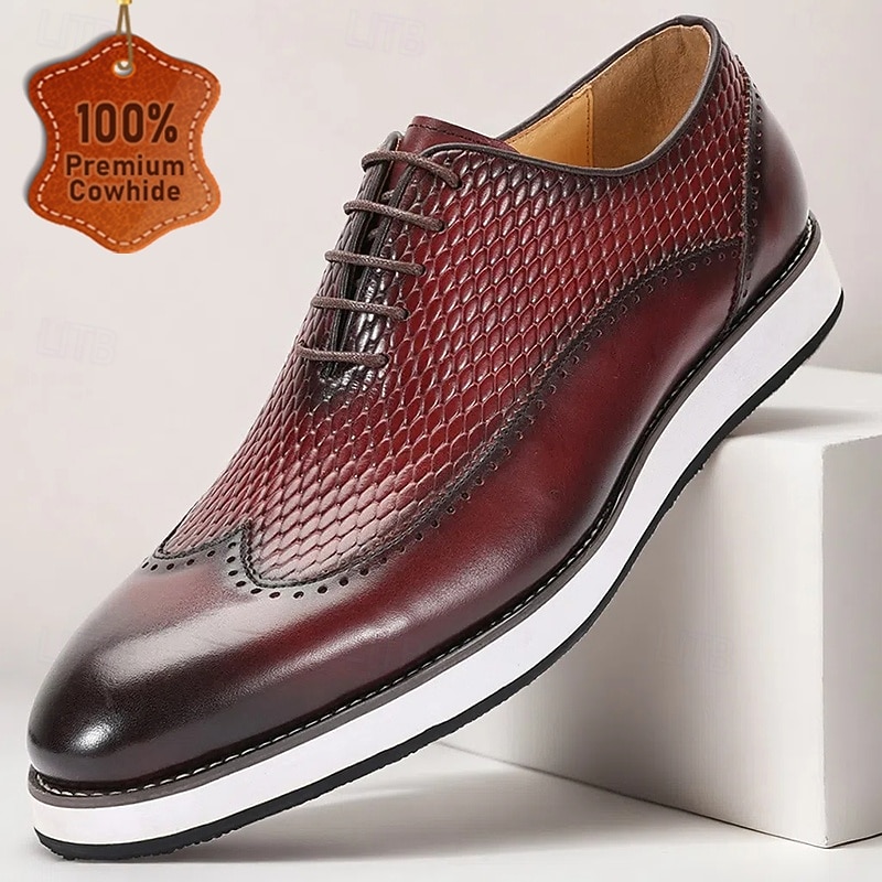 Men's Premium Burgundy Leather Lace-Up Shoes with Crocodile Pattern for Elegant Evening Affairs