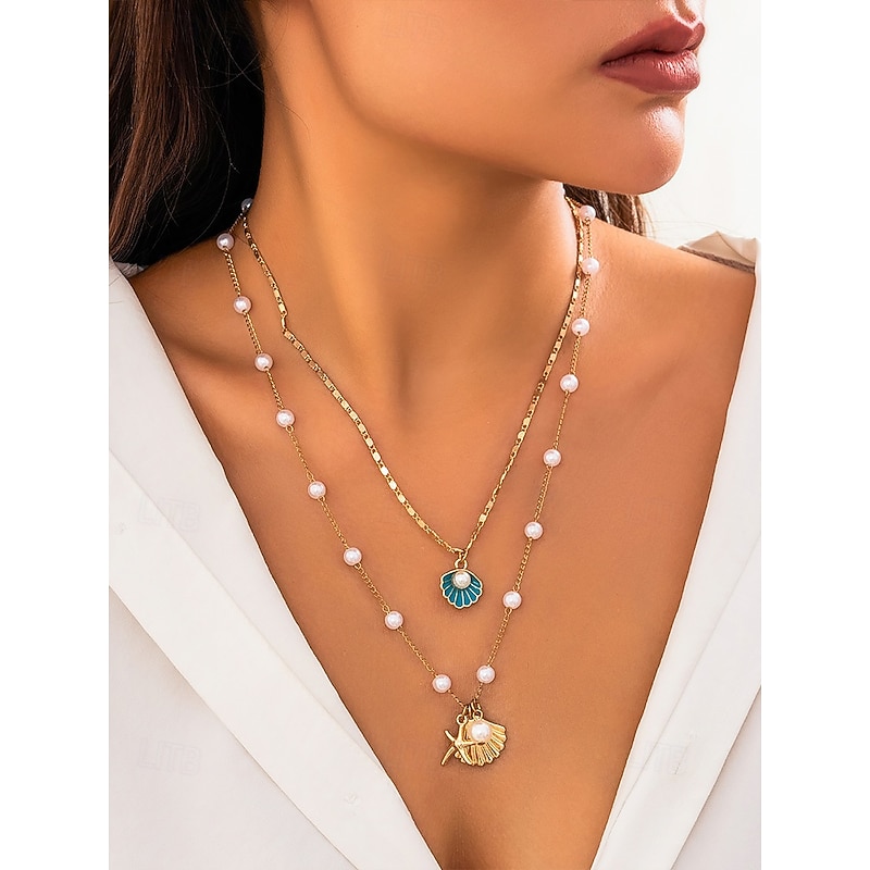 Women's Summer Beach Necklace with Pearl, Shell and Starfish Charms – Gold-Plated Layered Necklace for Vacation, Casual Outfits and Special Occasions