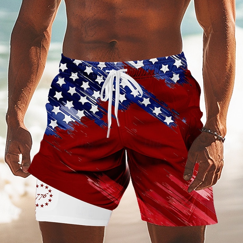 Independence Day Men's US Flag Patriotic Fourth of July Lined Shorts 2 in 1 Board Shorts Swim Trunks Mid Waist Holiday Side Pockets With Compression Liner Elastic Drawstring Waist Designer Clothing4